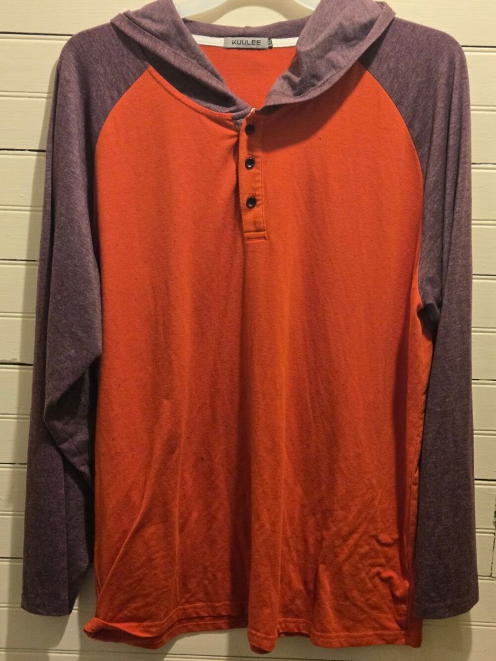 Kuulee Hoodie Men's XXL Long Sleeve Henley Raglan Orange Purple Top Hooded